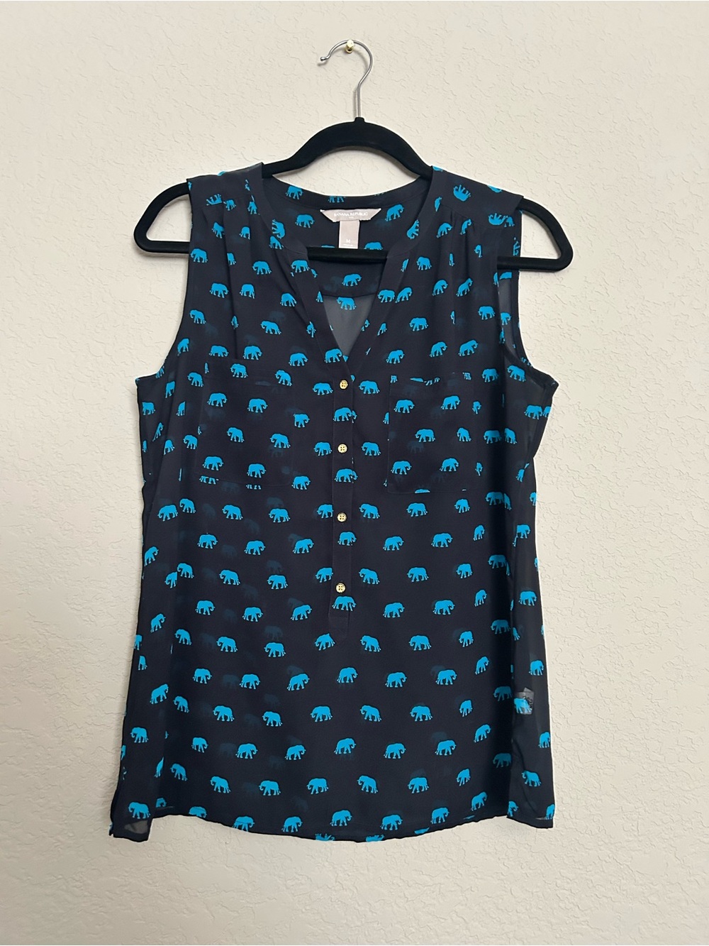 Banana Republic Sleeveless Navy Blouse with Blue Elephant Print